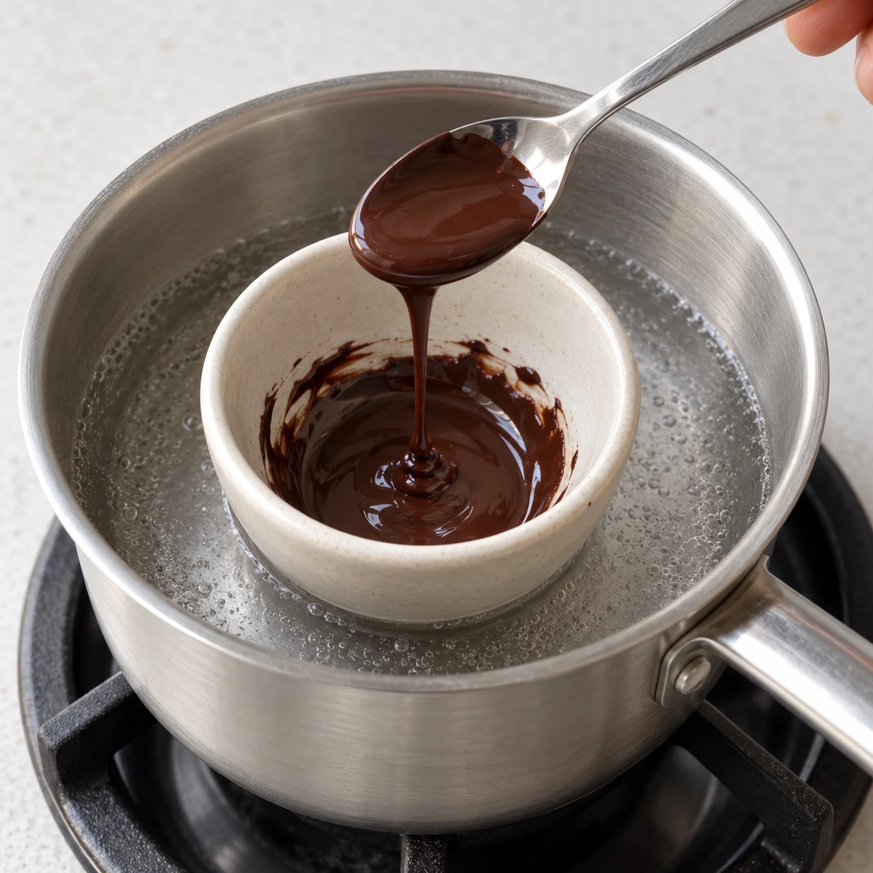 Faire fondre le chocolat noir. Le chocolat noir est fondu et coule de la cuillère.. Montrer uniquement les ingrédients à ce stade, aucune personne reconnaissable, aucun texte.