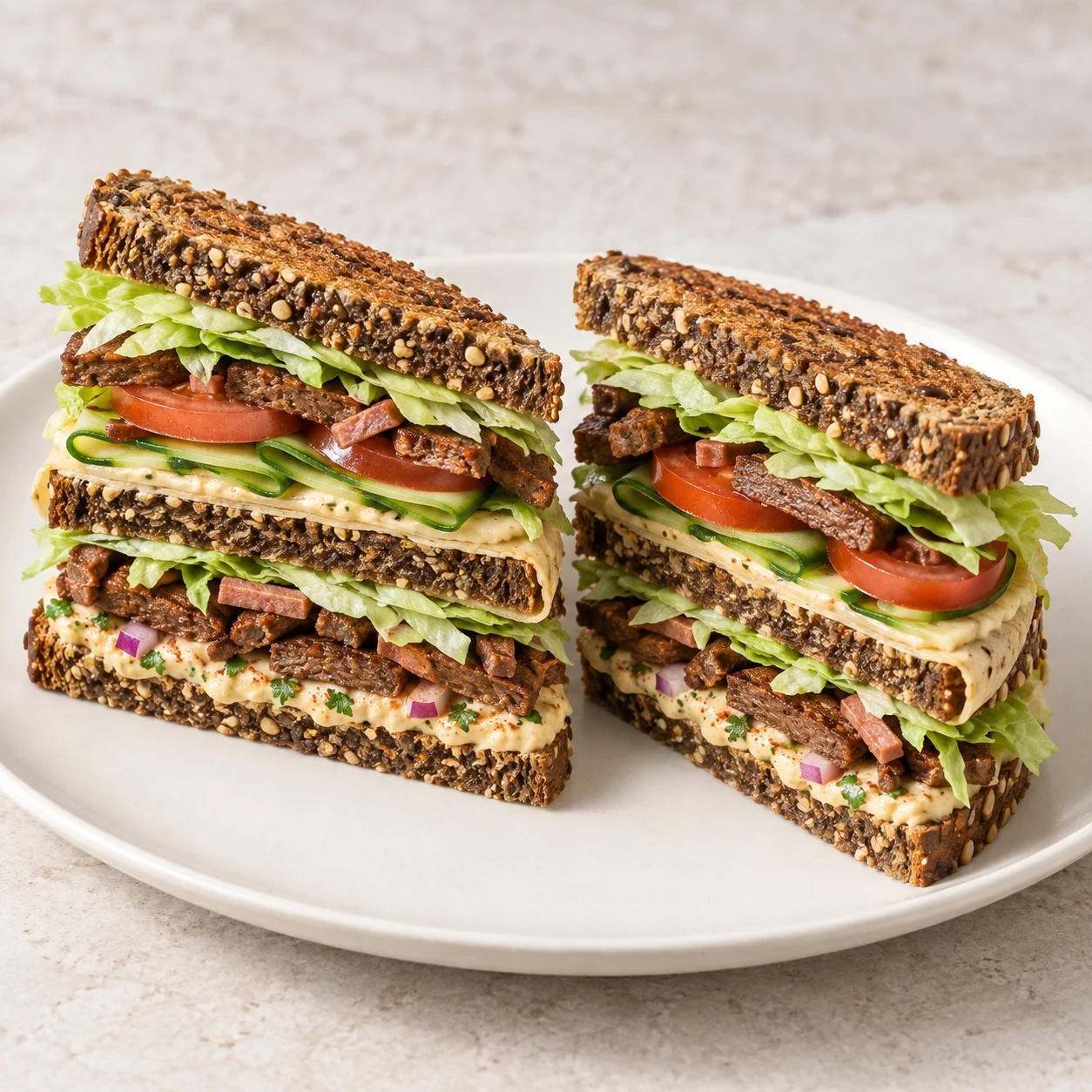 Club-sandwich végane à deux étages, steaks végétaux et lardons fumés