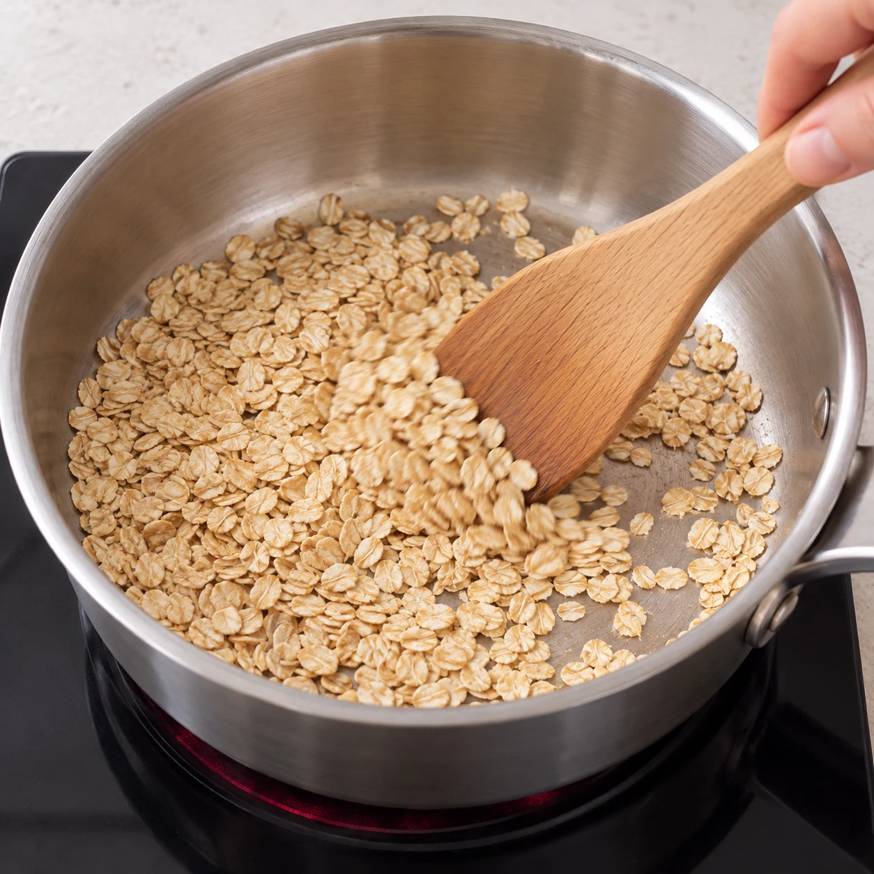 Flocons d’avoine courants secs dans une casserole inox, remués avec une spatule; taille différente de la forme grosse source possible.