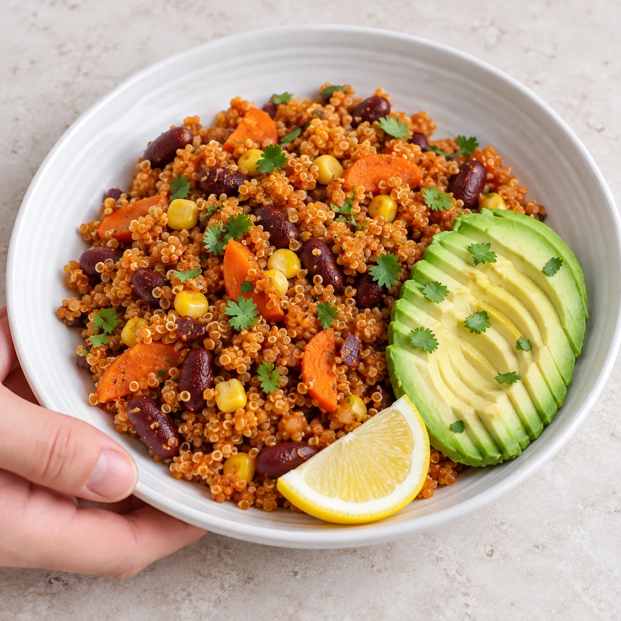 Assiette blanche de quinoa orange aux haricots rouges, carottes maïs et coriandre, avocat frais en éventail et quartier de citron jaune.
