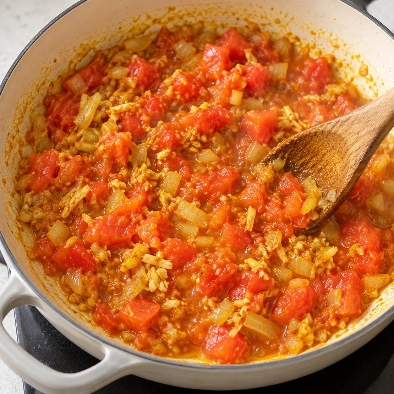 Photo culinaire carrée en lumière naturelle : dés de tomates fraîches commençant à se décomposer avec oignon fondu, ail, gingembre râpé et curry incorporés, aucun pois chiche encore visible, aucun texte, aucune marque.