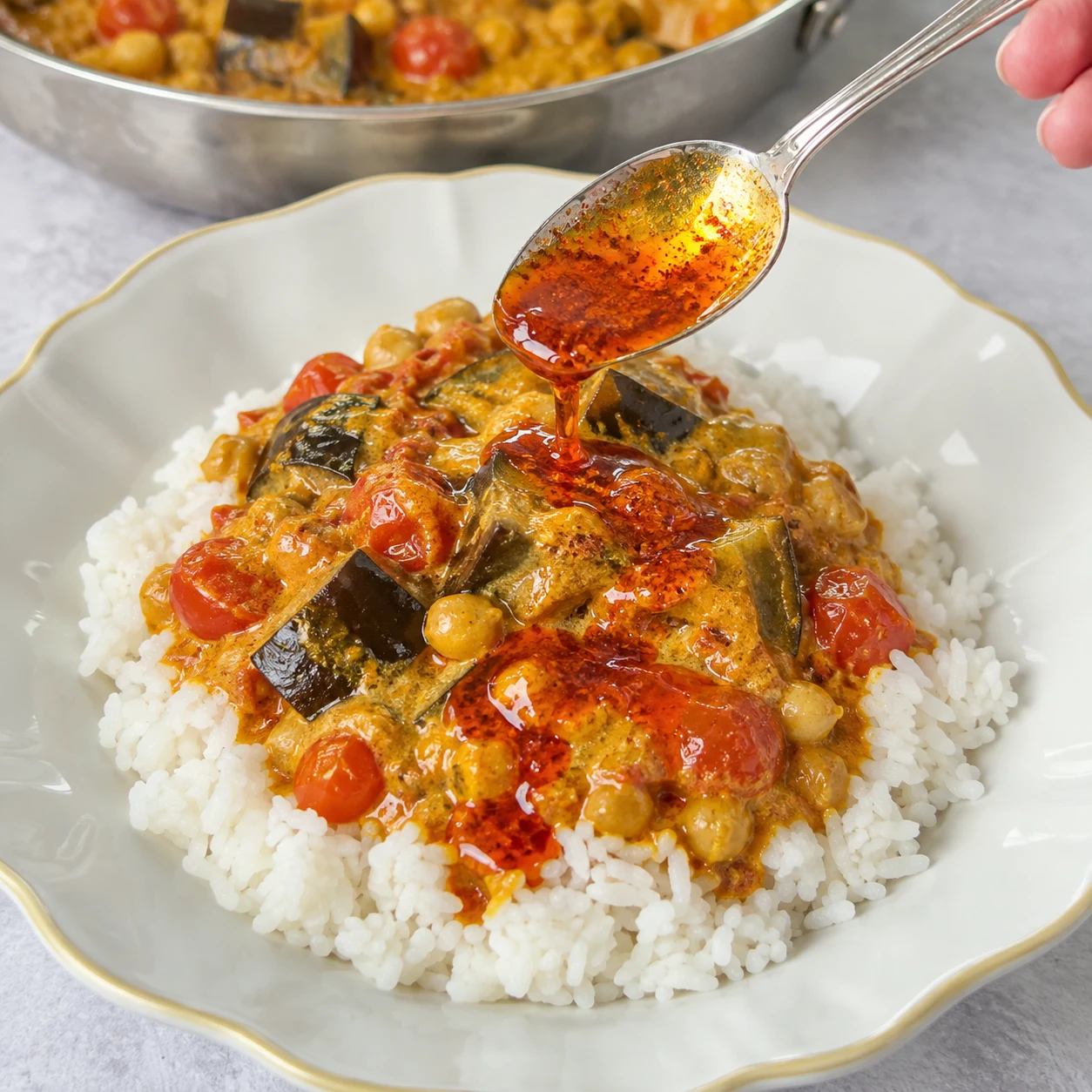Main versant la margarine pimentée rouge depuis une cuillère sur le curry au riz, avant toute garniture de persil.