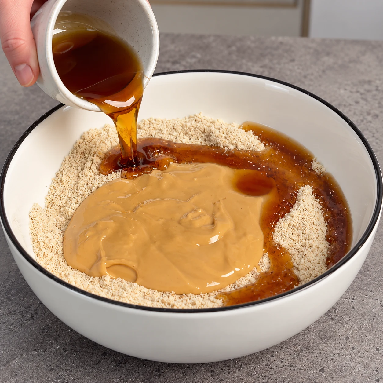 Verse les 50 g de sirop d’érable dans le saladier. État à montrer : Le sirop est versé dans le saladier.