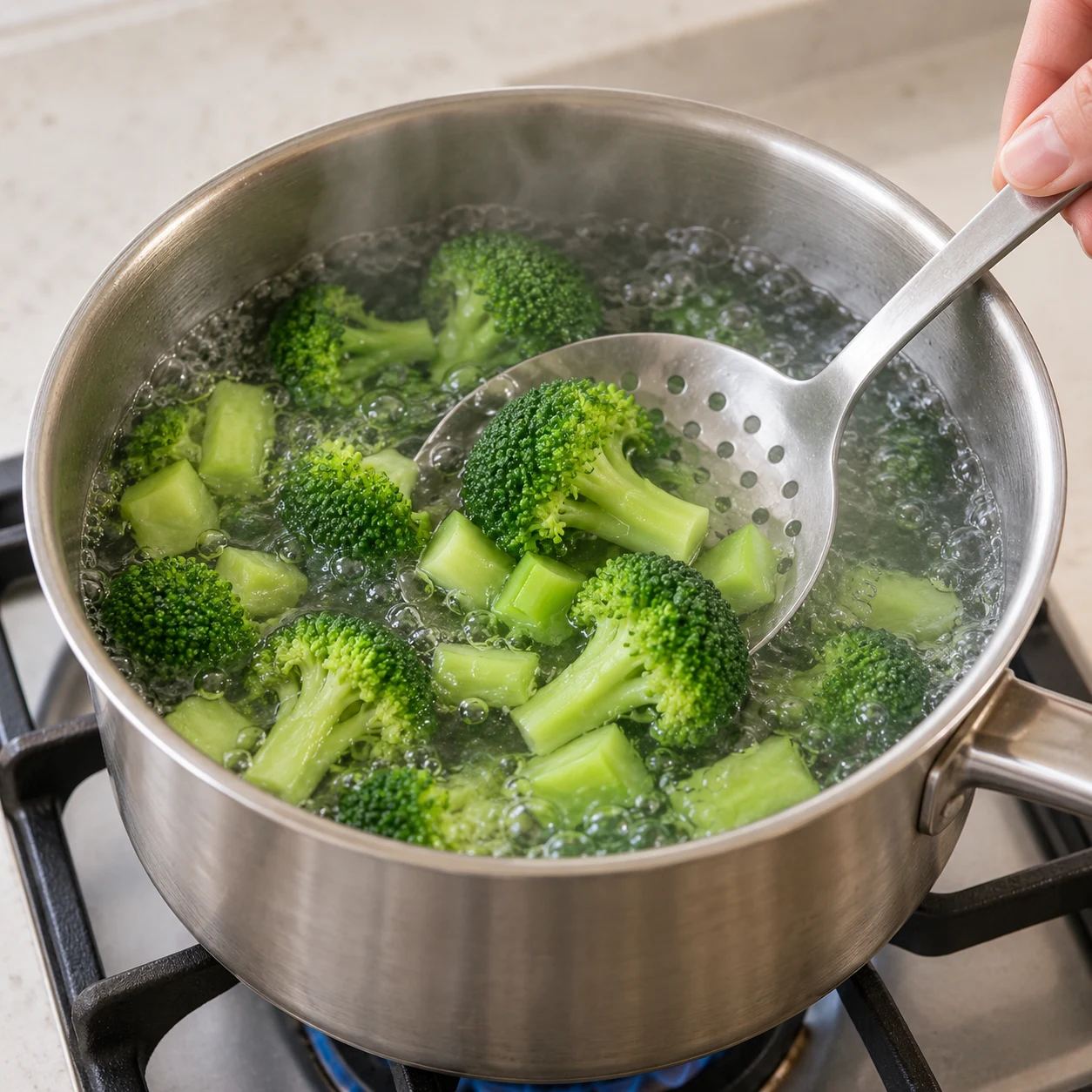 Plonge la tige et les bouquets de brocoli dans une casserole d’eau bouillante non salée. Blanchis-les 2 minutes.