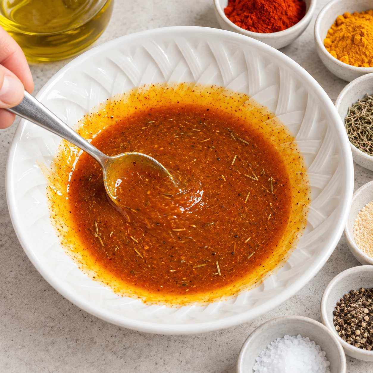 Cuillère mélangeant une marinade orange fluide dans un bol blanc, fines brindilles de thym.