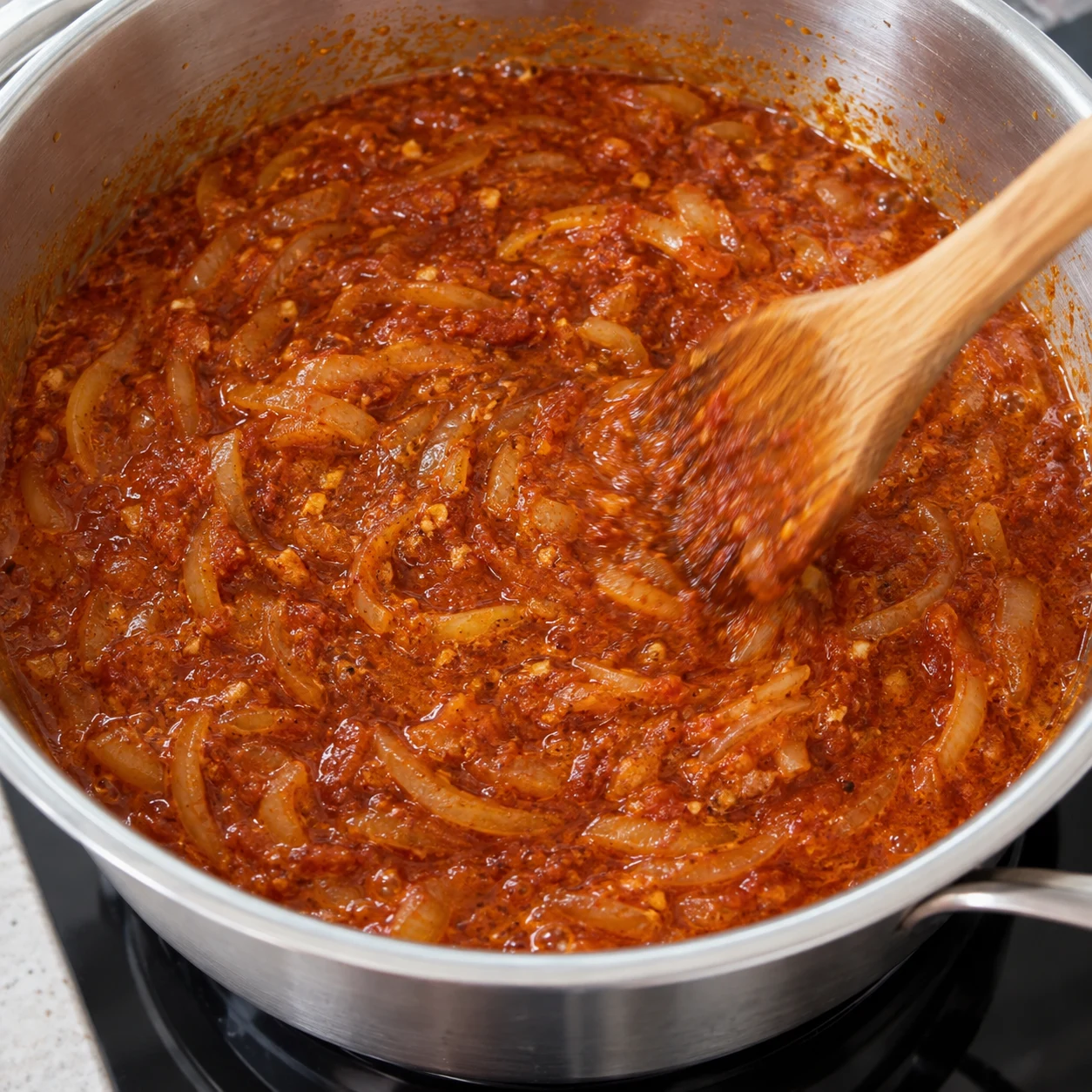 Une seule action : Incorporer les assaisonnements. Les épices et l’ail sont répartis dans la sauce. Version végétale aux pois chiches, aucune viande, aucun seitan, aucun tofu.