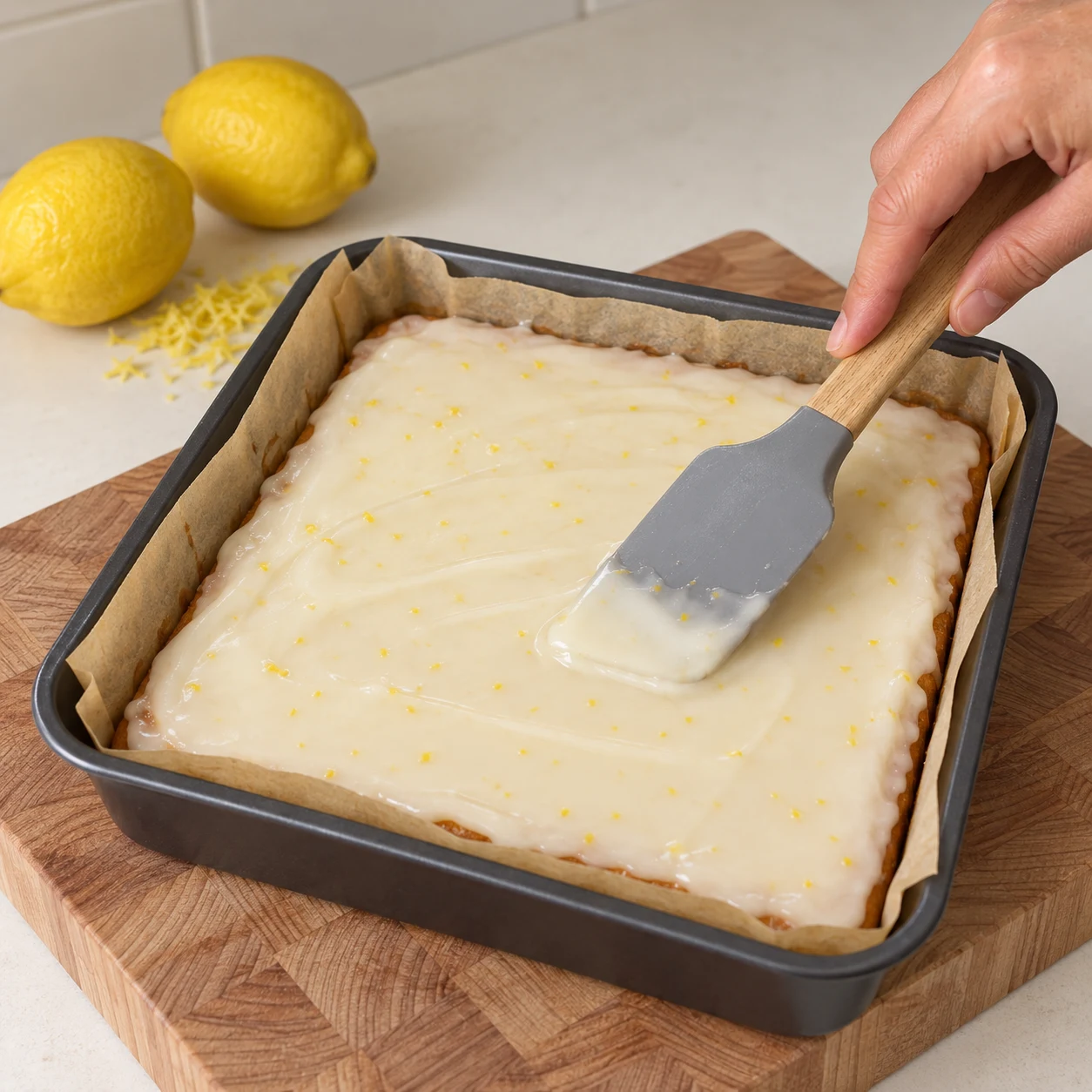 Une main anonyme étale le glaçage blanc au citron sur le brownie cuit dans son moule.