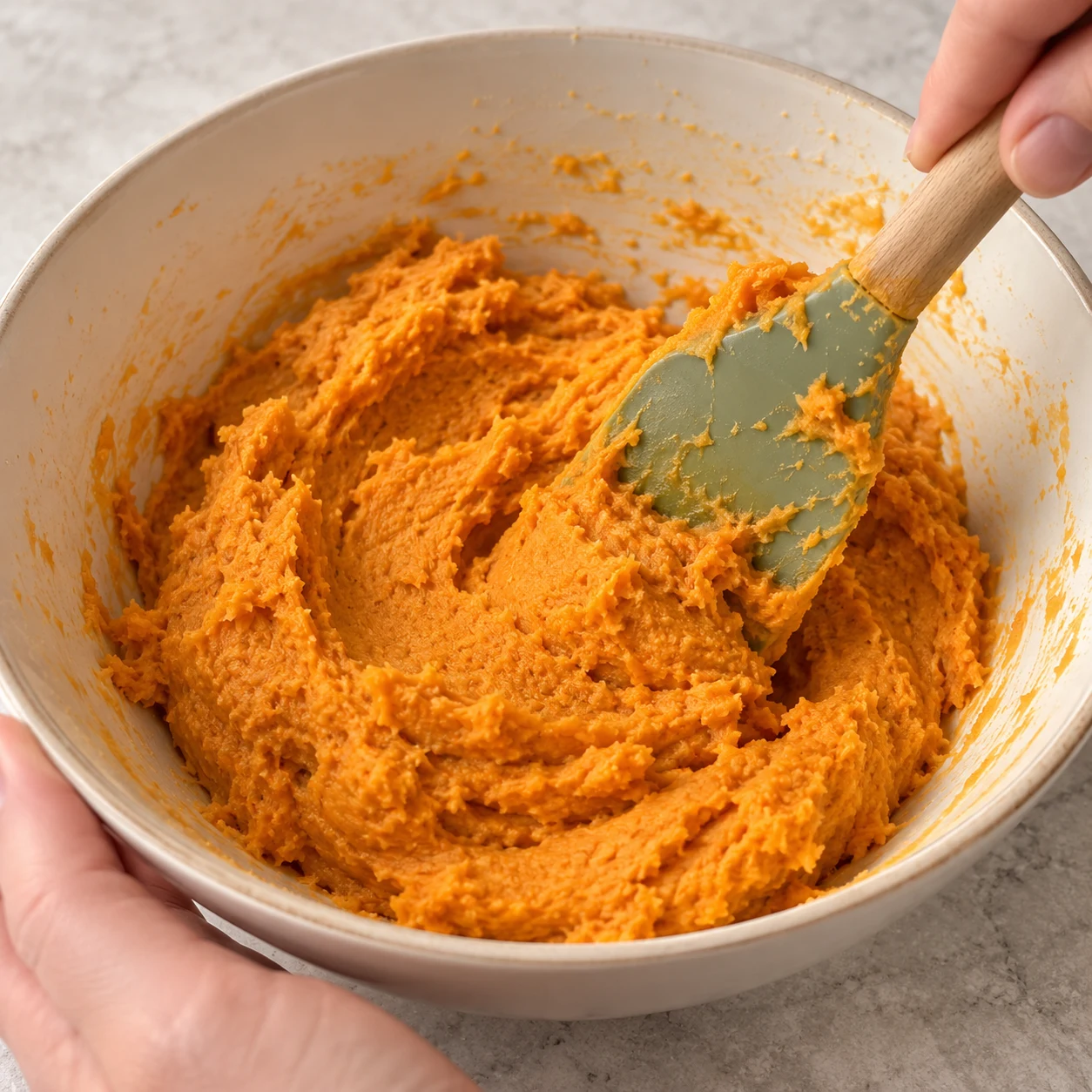 Spatule mélangeant la pâte orange épaisse.