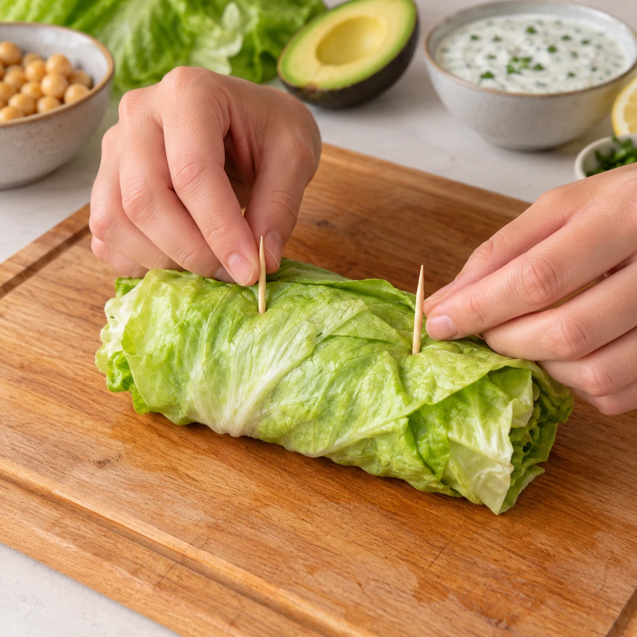 Mains anonymes roulant un wrap tout en laitue et le fermant avec deux petites piques en bois.