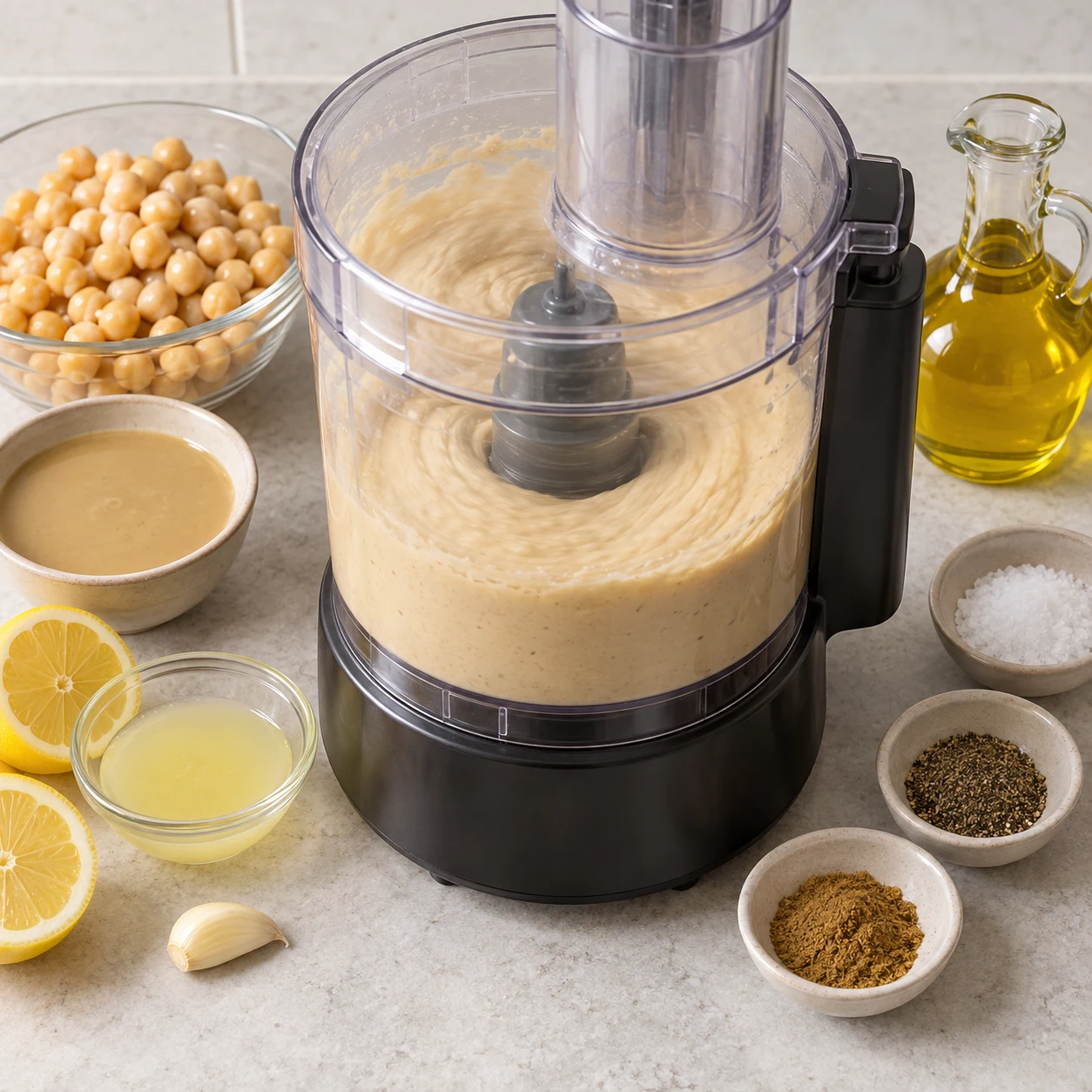 Mixer les pois chiches tièdes avec le tahini, les 3 c.à.s de jus de citron, la gousse d’ail, les 2 c.à.s d’huile d’olive, la c.à.c de sel et le poivre. Ajouter le cumin facultatif si souhaité. Montrer seulement les ingrédients de cette phase, dans une mise en scène claire et anonyme.