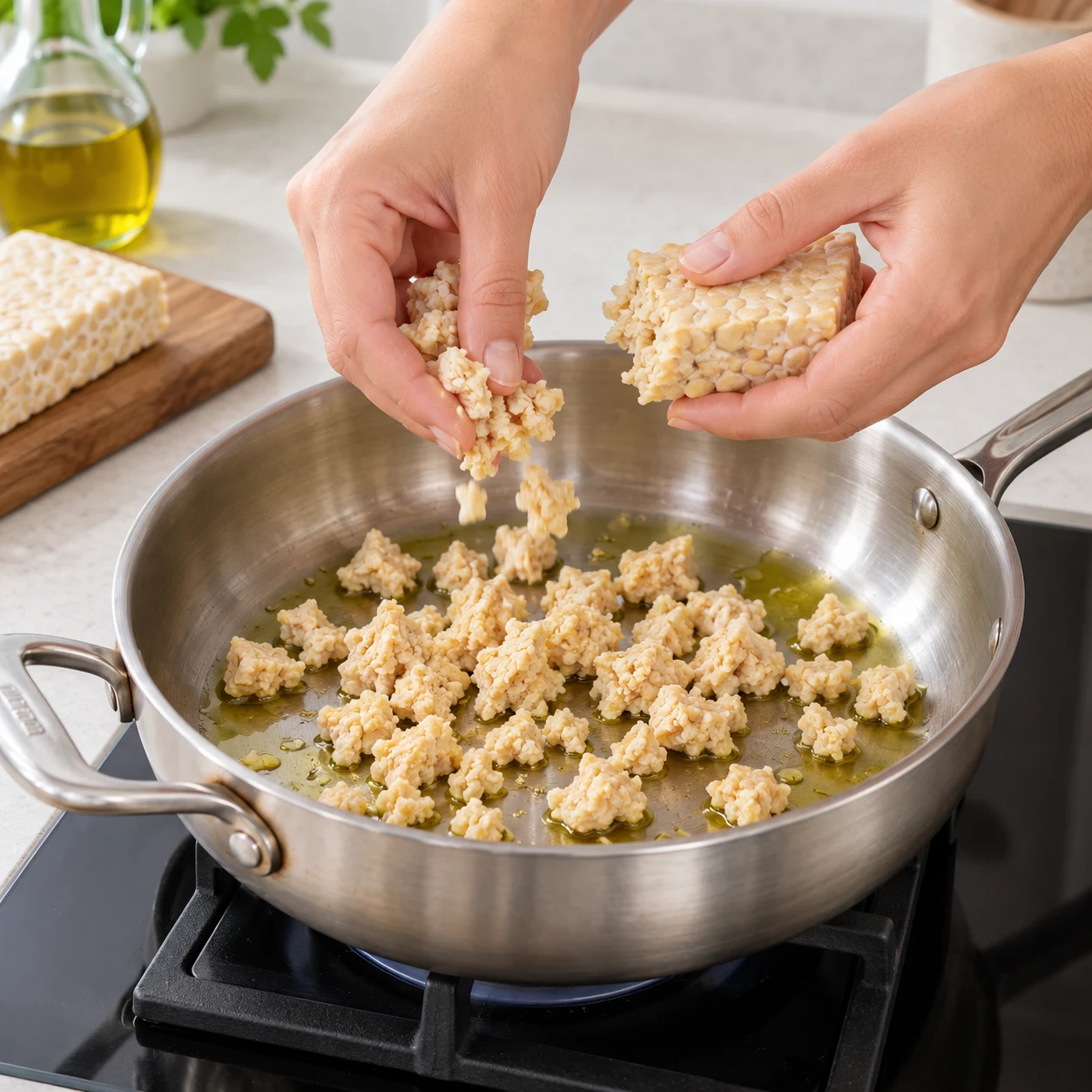 Mains adultes anonymes émiettant un bloc de tempeh beige au-dessus d’une poêle en inox huilée. Les premiers morceaux sont déjà dans la poêle. Aucun thym, pignon, ail ni sauce dans cette illustration : elle représente le début de l’opération, avant les ajouts.