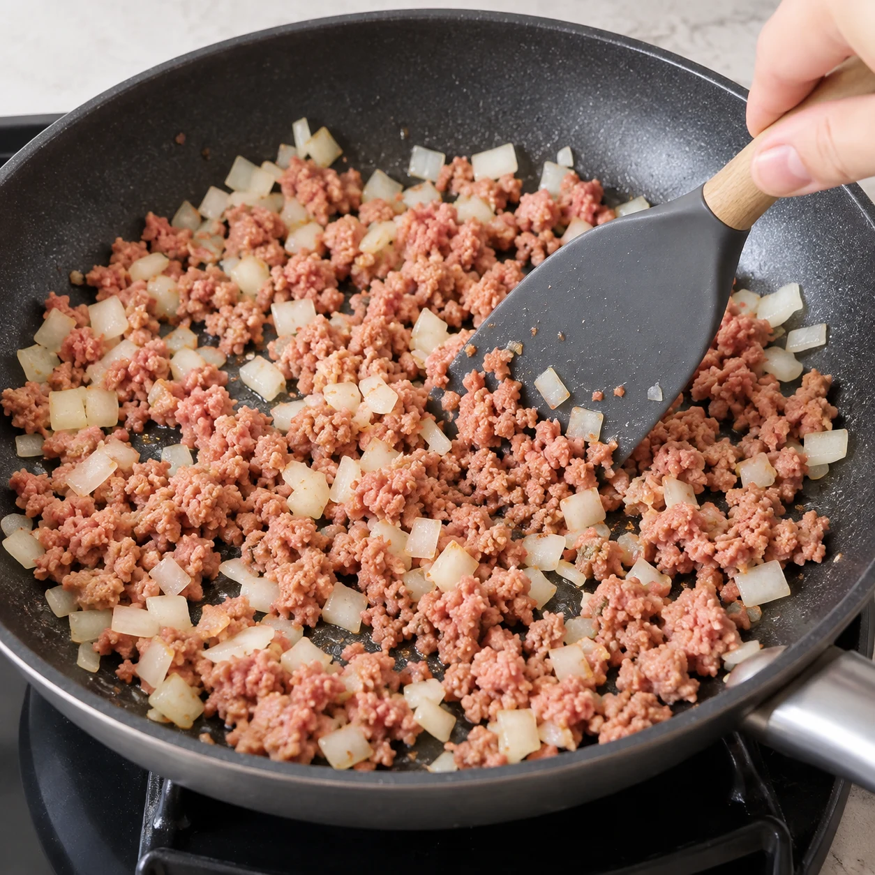 Poêle contenant oignon et steak végétal émietté ; spatule qui sépare les morceaux.
