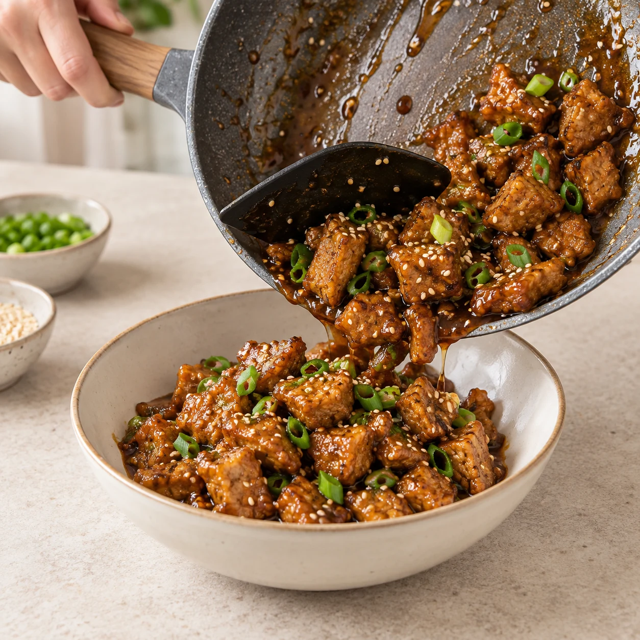 Transférez les bouchées laquées et leur sauce dans le plat de service. La protéine est un steak de pois à texture hachée dense, brun rosé avant cuisson, brun doré après cuisson, en morceaux irréguliers de l’épaisseur d’un steak ; jamais du tofu blanc.