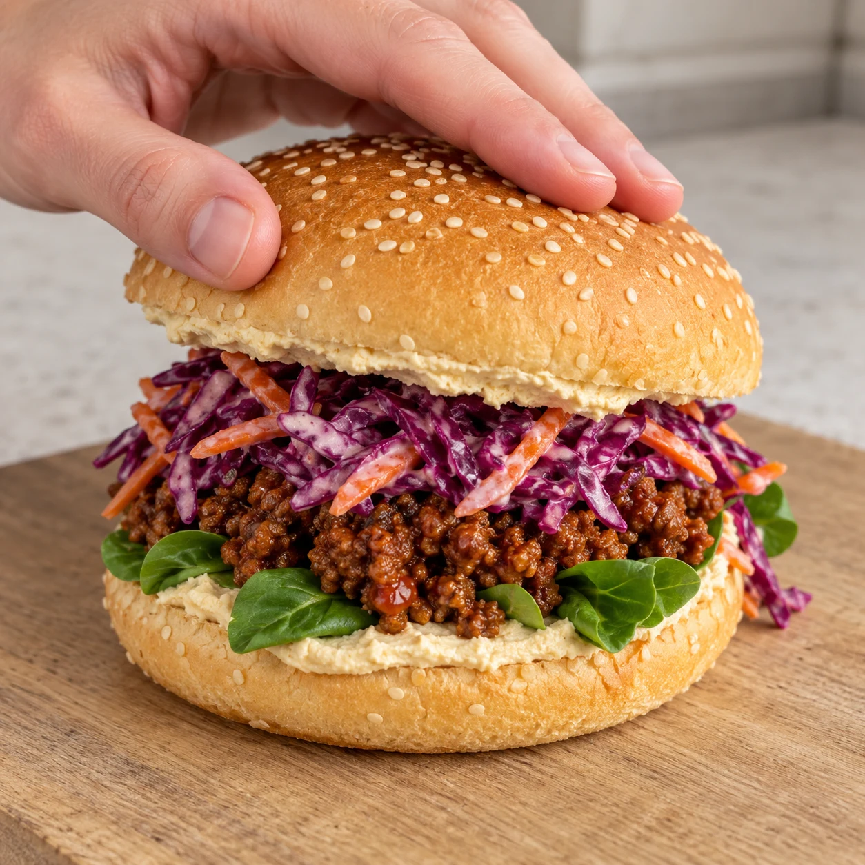 Refermez chaque burger avec son chapeau tartiné. Montrer seulement cette action et les ingrédients déjà présents.