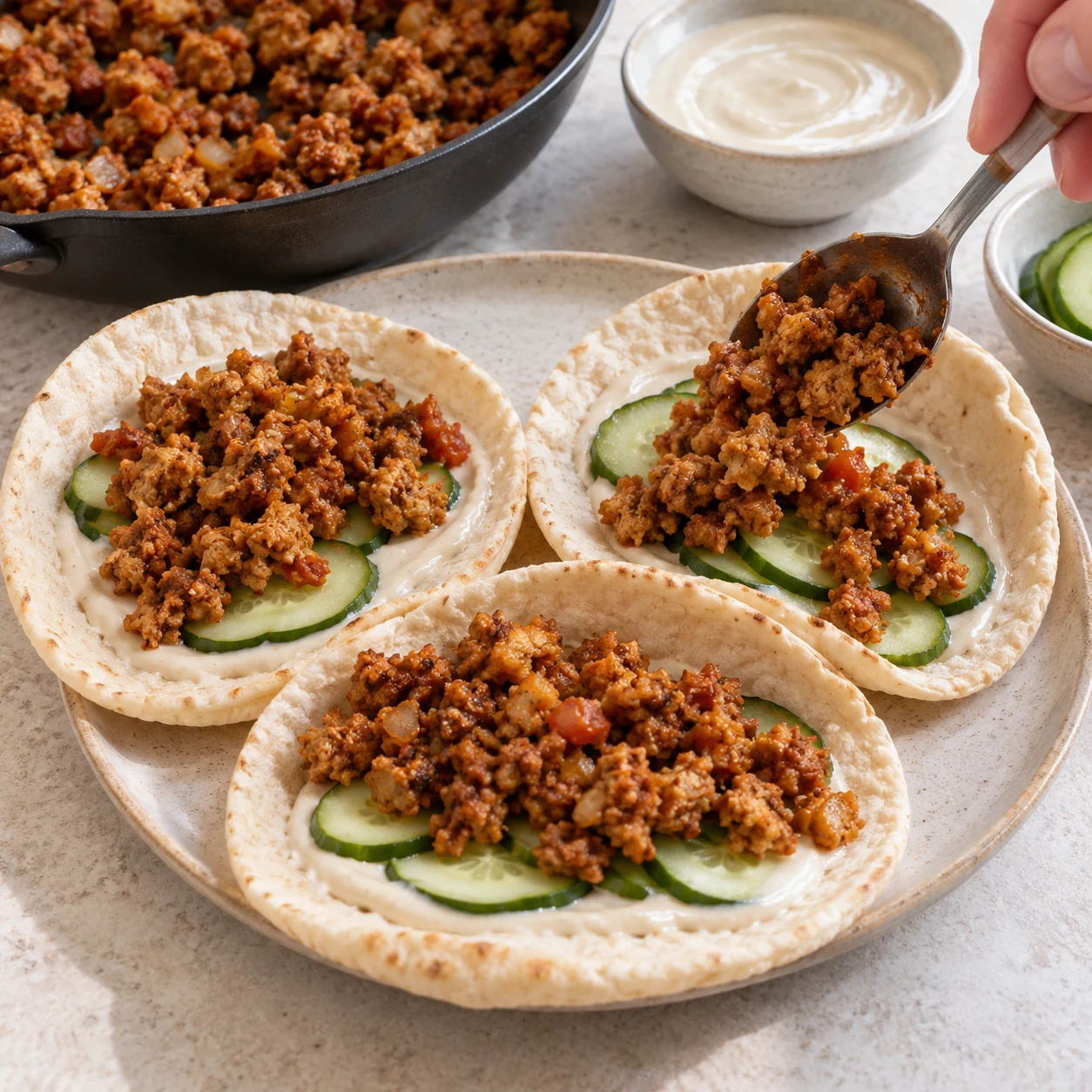Répartis le haché de soja sur les trois pains, à raison d’un tiers par taco.