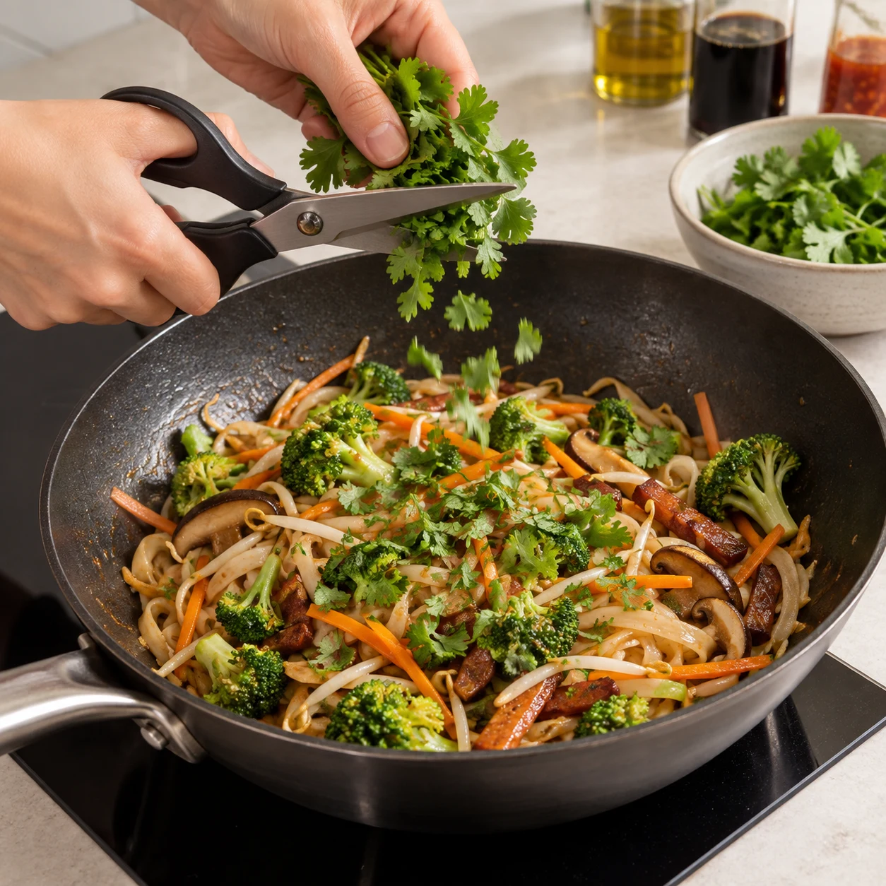 Ciseaux de cuisine coupant de la coriandre au-dessus du wok.