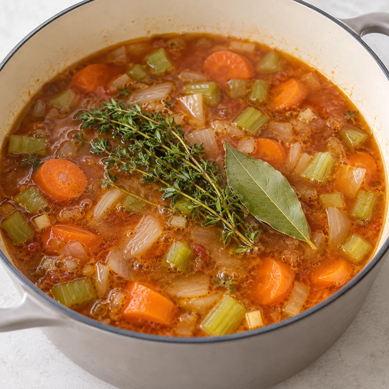 Thym et feuille de laurier ajoutés à la cocotte sans viande.