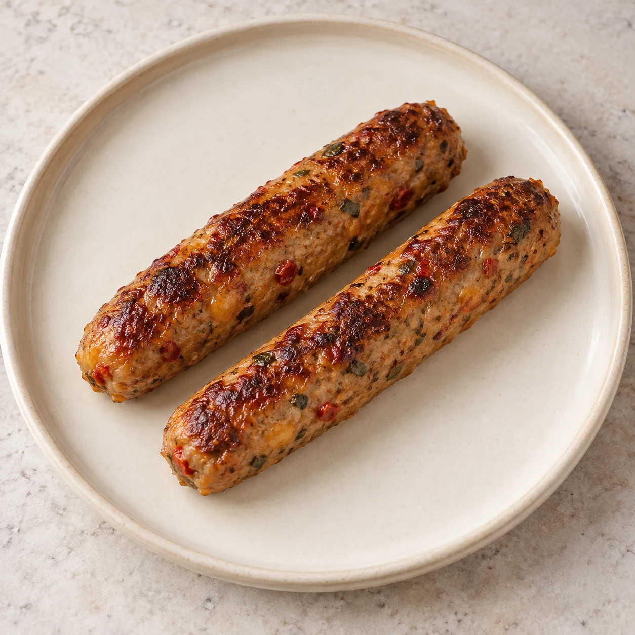Assiette neutre portant uniquement des saucisses végétales dorées, sans mains ni garniture.