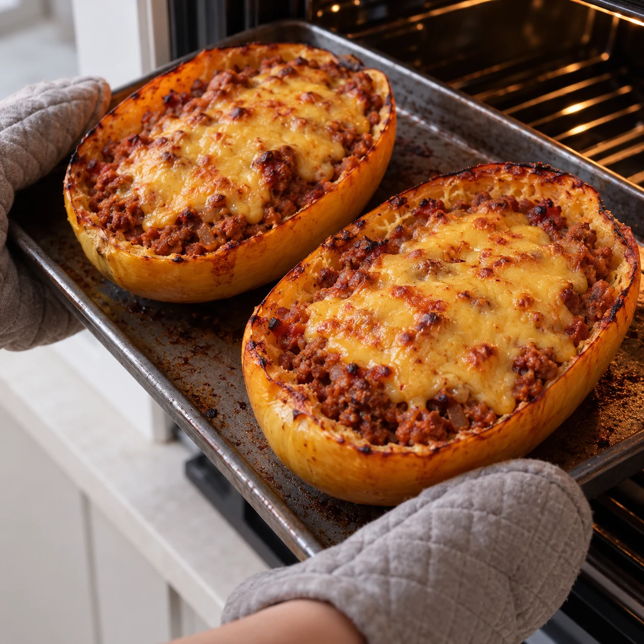 Deux demi-courges farcies gratinées, nappes jaunes fondues de préparation cheddar végétal, plaque de four avec maniques.