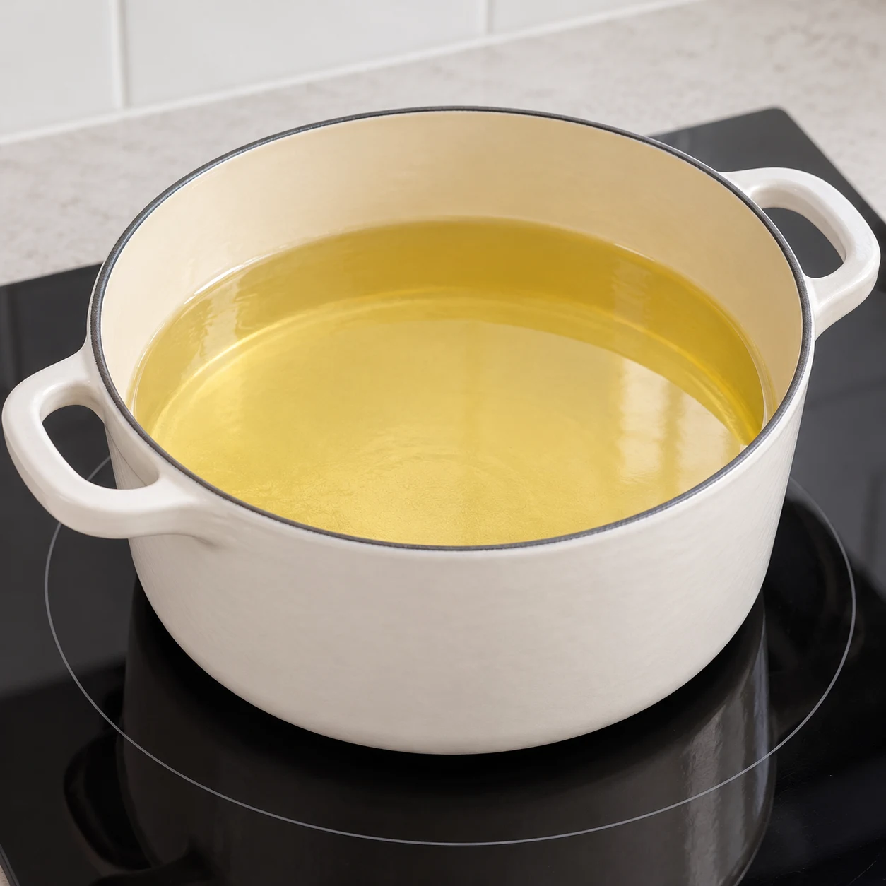 Casserole neutre stable sur une plaque, contenant un bain d’huile clair ; aucune nourriture ni eau.