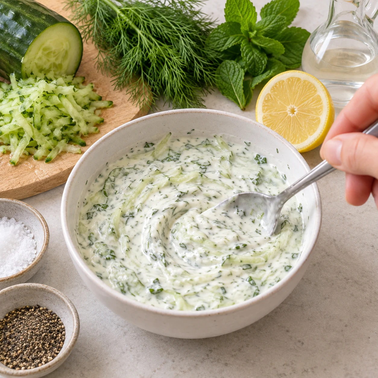 Mélanger la sauce blanche : La sauce est crémeuse et les herbes et râpures sont réparties.