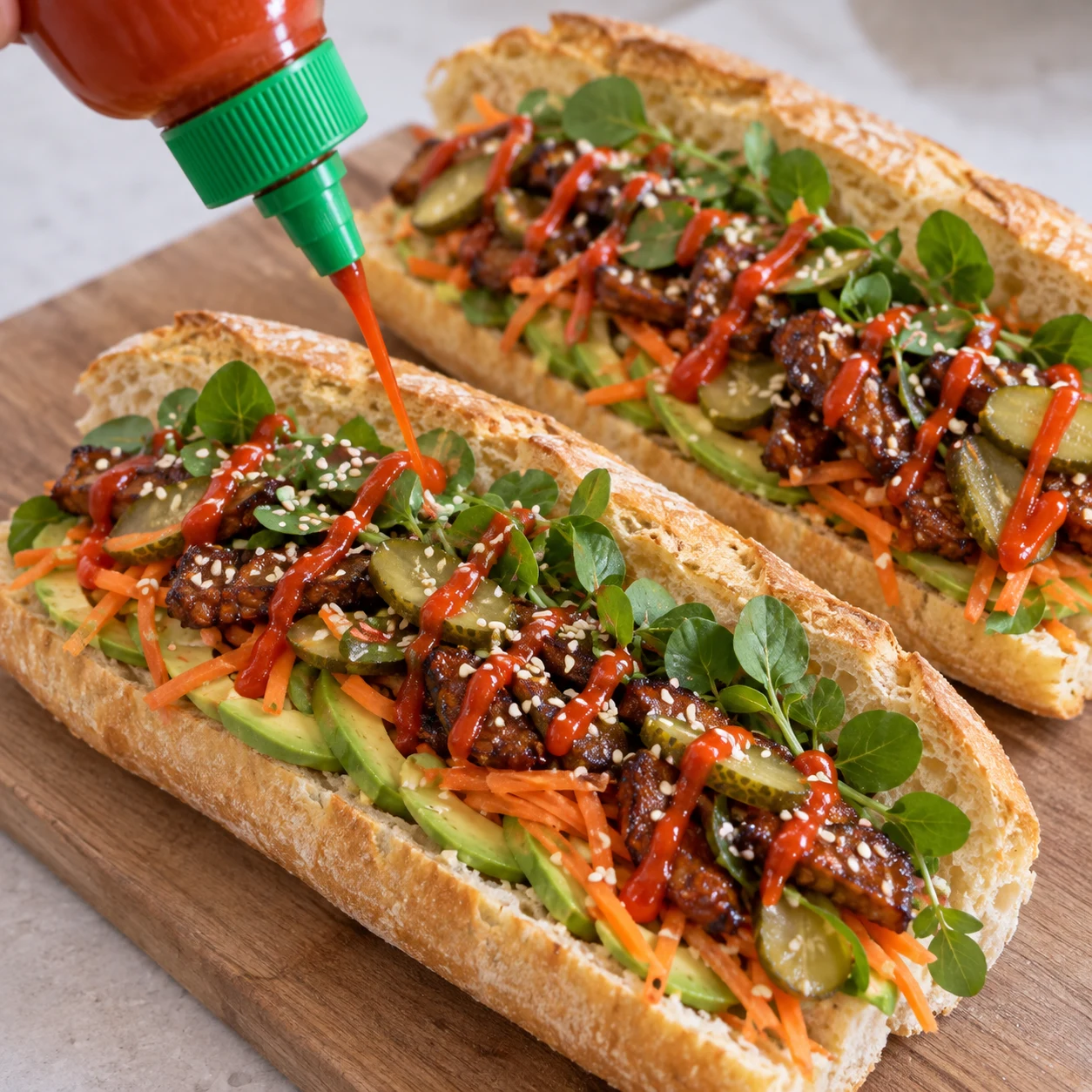 Une seule photographie carrée montrant : ajouter la sauce pimentée. La sauce pimentée dessine des traits sur la garniture ; les sandwiches sont prêts à servir. Seulement les ingrédients de cette étape, aucun ingrédient futur.