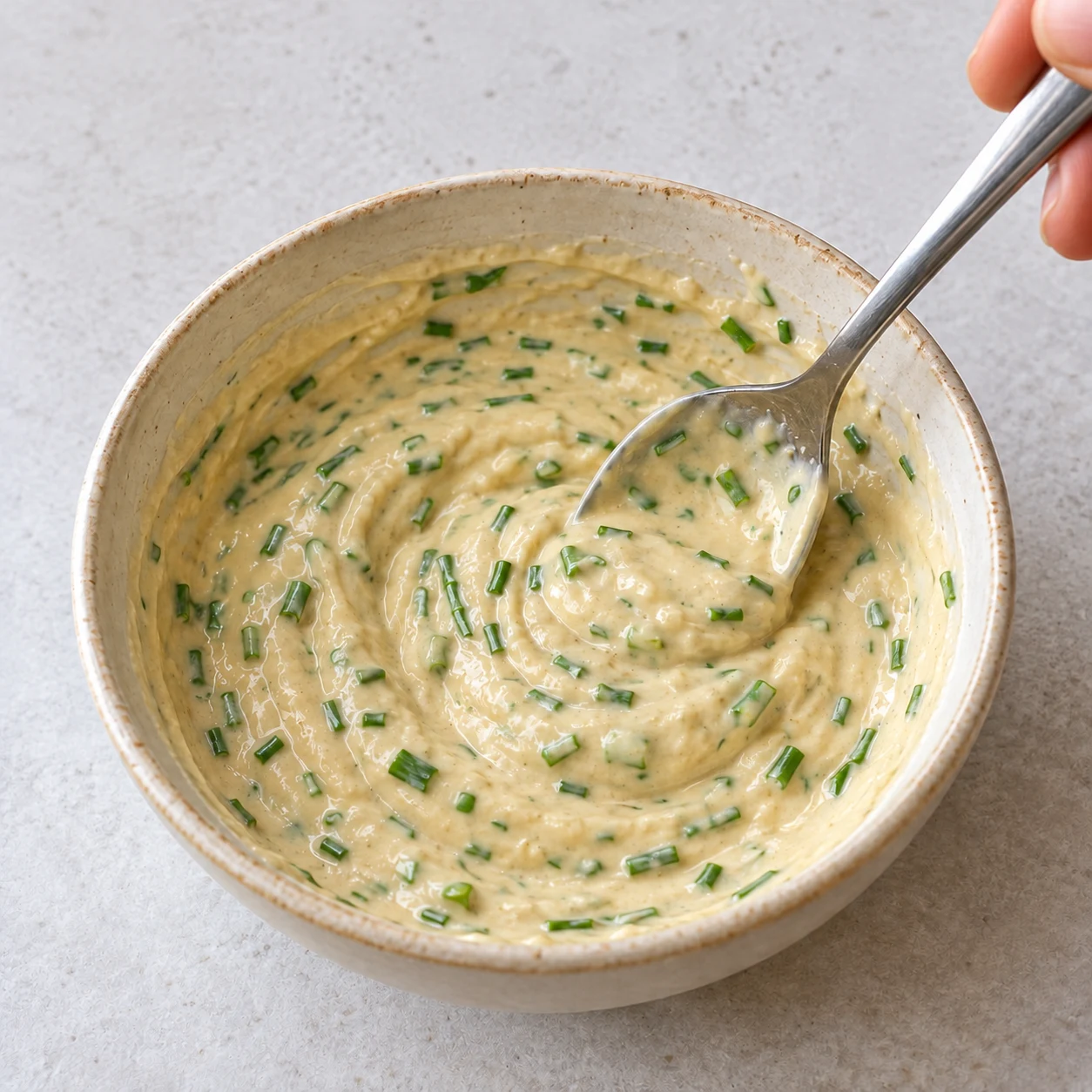 Cuillère mélangeant une sauce au tahini beige avec ail fin et ciboulette ciselée, dans un petit bol.