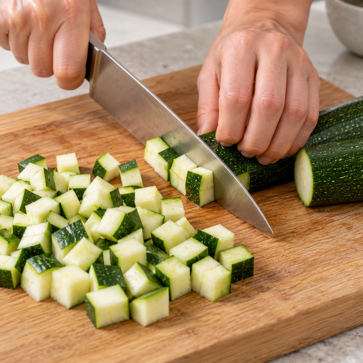 Tailler la courgette du confit : Les cubes de courgette gardent leur peau verte.