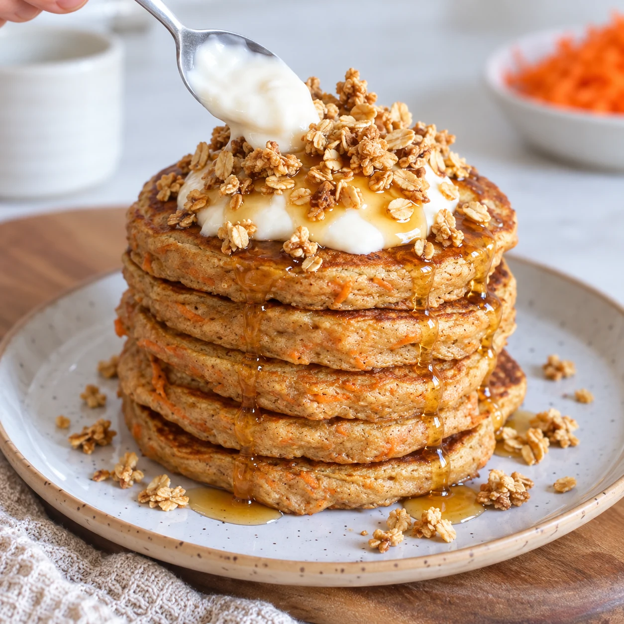Pile de cinq pancakes épais aux filaments de carotte, yaourt blanc, granola de flocons d’avoine et sirop ambré. Aucun fruit, raisin ni noix ajouté.