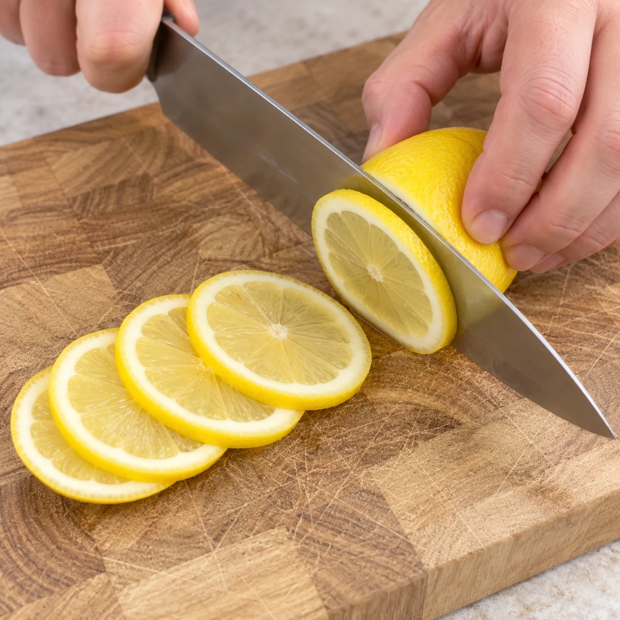 Quatre rondelles fines de citron sont séparées.