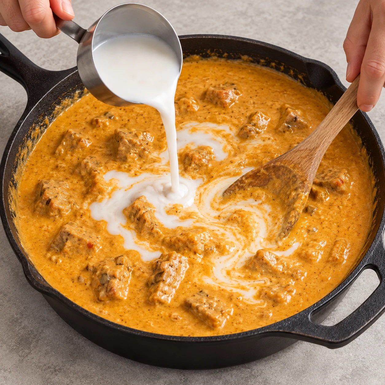 Terminer avec le lait de coco. Le lait de coco est incorporé et les morceaux de carrés de seitan sont enrobés de sauce crémeuse chaude. Une seule action, mêmes ingrédients et état que la capture ; mains adultes anonymes si utiles. Légende autorisant oignon blanc ou rouge : montrer l’oignon rouge sélectionné, même si la capture montre un oignon clair.