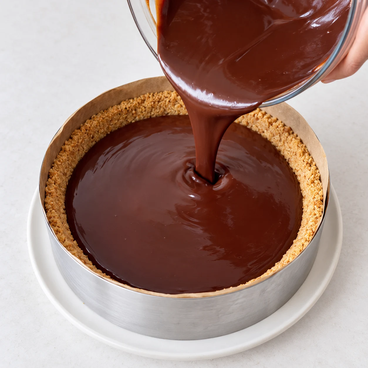 Verse la ganache dans le fond de biscuits raffermi sorti du congélateur. Résultat à montrer : La ganache remplit le fond de tarte sans dépasser le bord de biscuits.