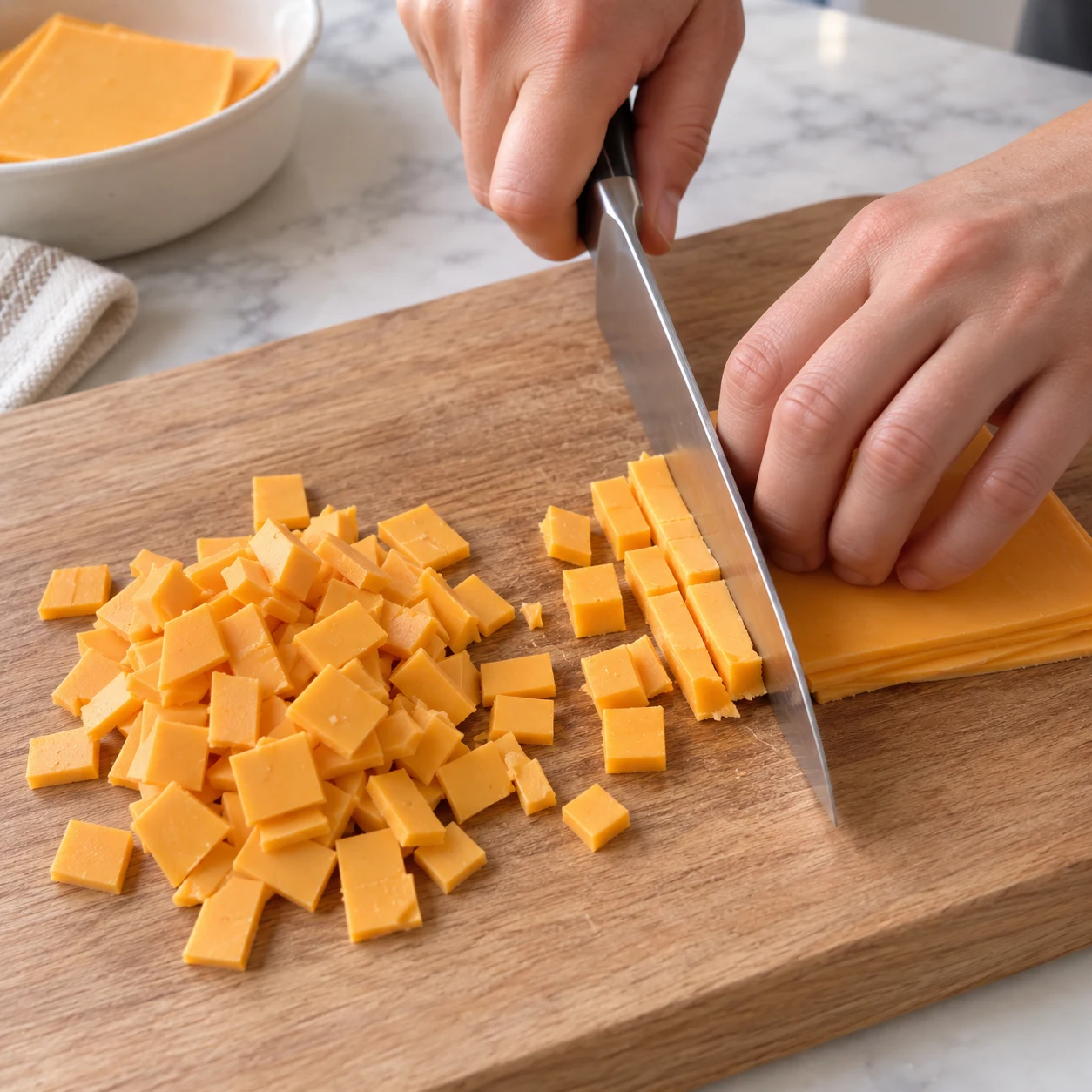 Découper le fromage végétal ; Les tranches végétales sont découpées en petits morceaux séparés.