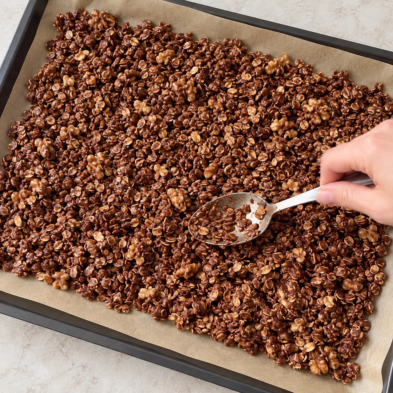 Une cuillère étale le granola humide sur une plaque et du papier cuisson.