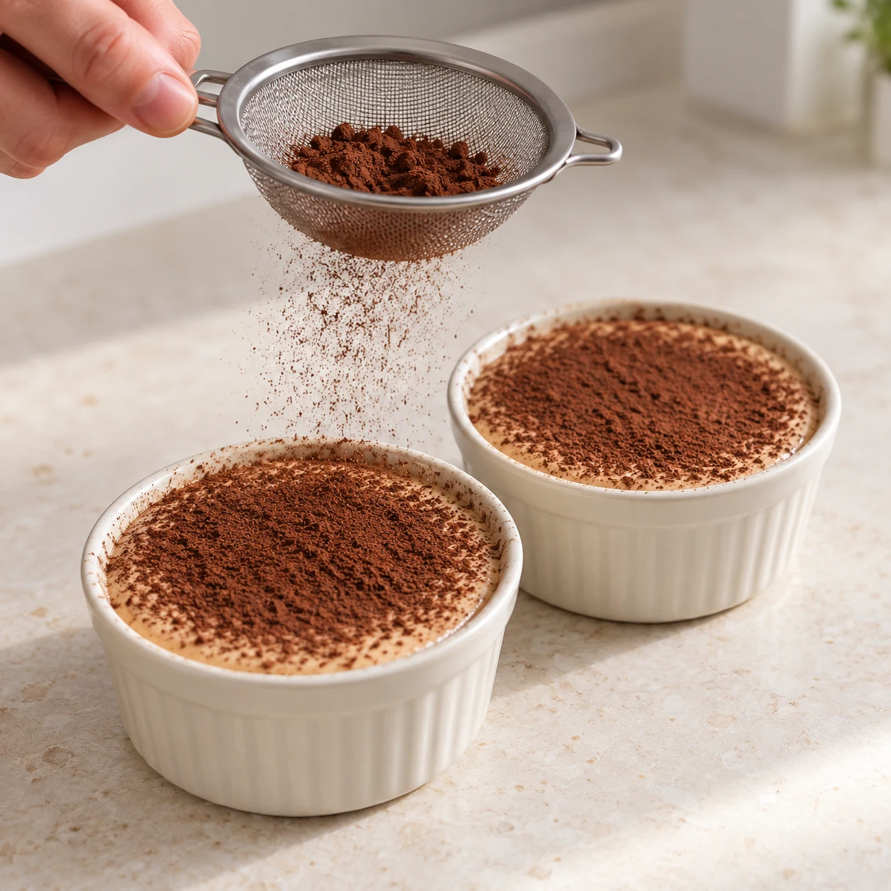 Deux ramequins de crème beige prise sont saupoudrés de cacao non sucré ; un tamis tenu par une main anonyme.