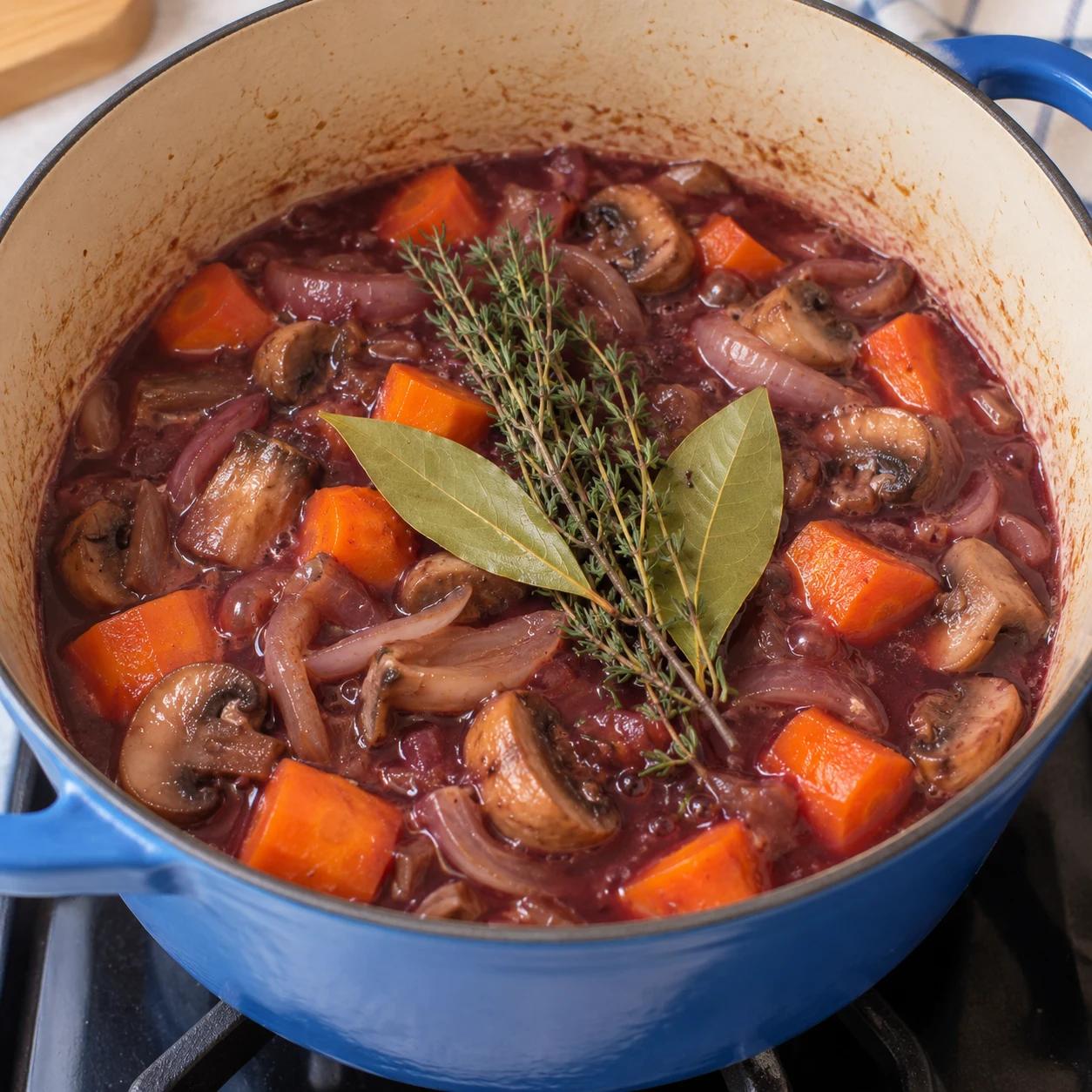 Branches de thym et deux feuilles de laurier déposées sur le ragoût au vin.