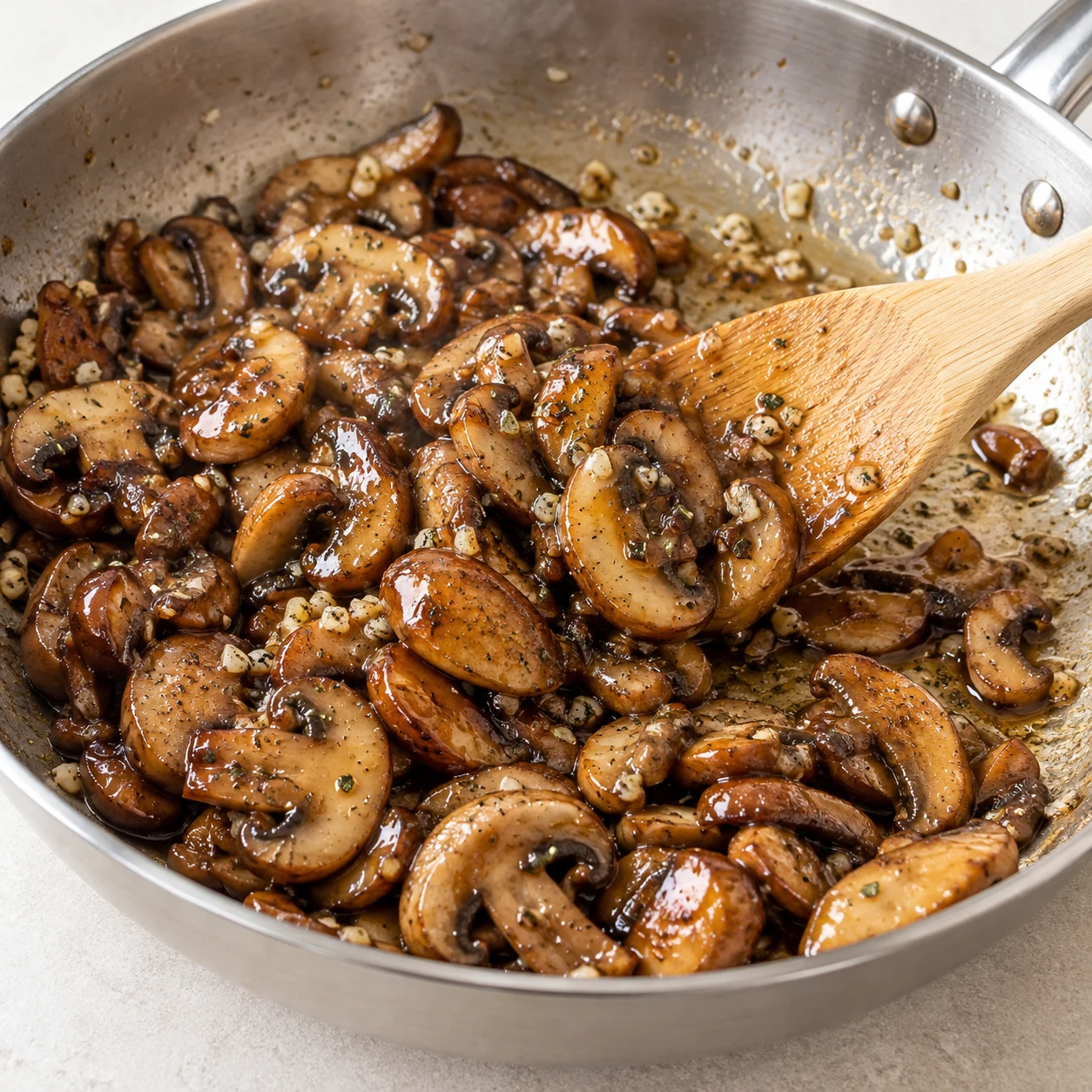 Champignons bruns dorés glacés par un peu de sirop d’érable, spatule en bois, pas de polenta.