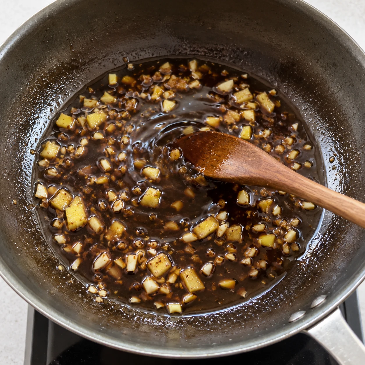 Sauce soja salée et balsamique avec sucre roux, gingembre et ail dans une casserole.