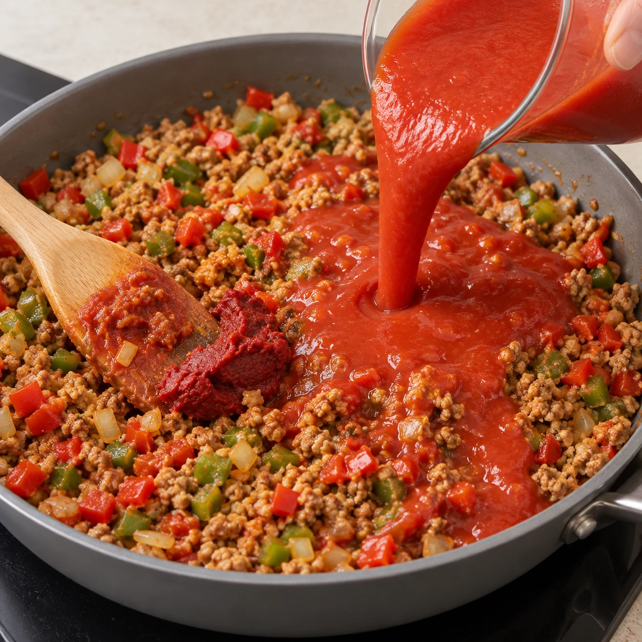 Incorporez la càs de concentré de tomates puis les 500 ml de coulis à la garniture.