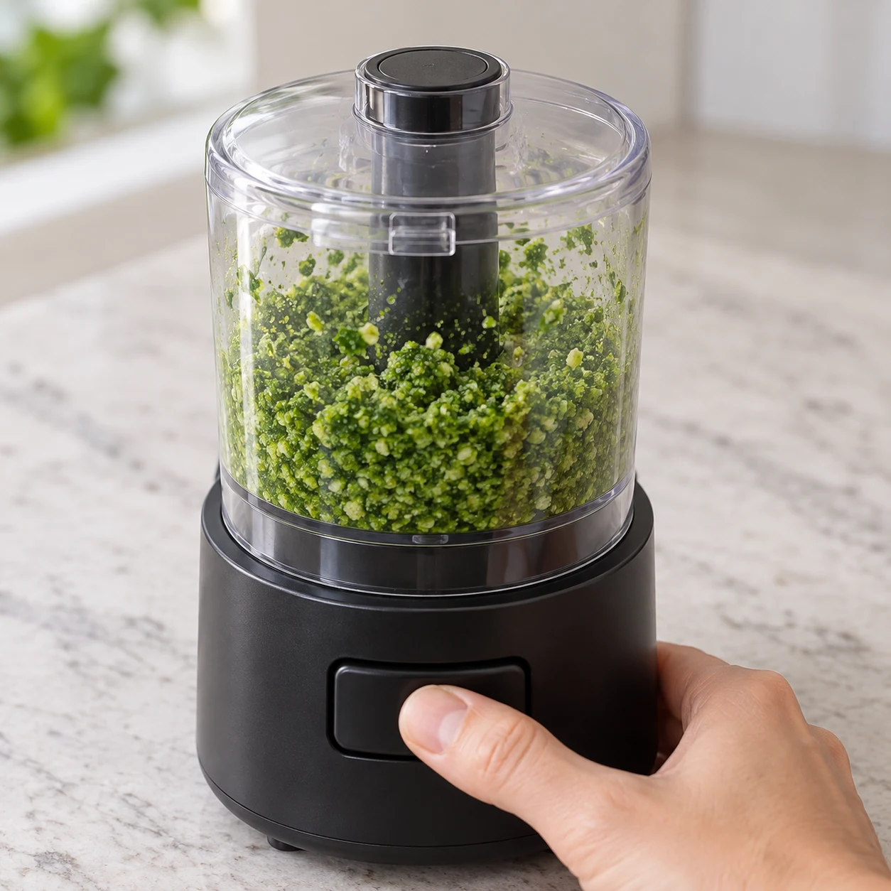 Bol transparent du mixeur avec basilic vert fraîchement haché, pignons et ail, sans fromage ni huile ajoutés à ce stade.