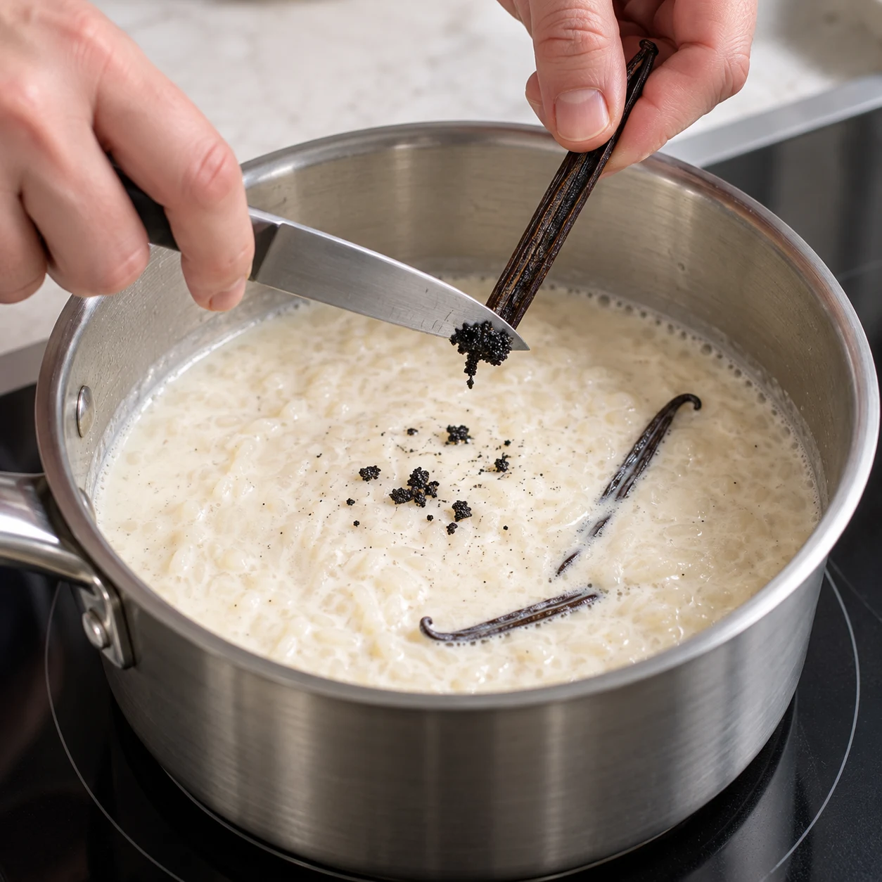 Petits grains noirs et gousses de vanille ajoutés au riz dans le liquide blanc.