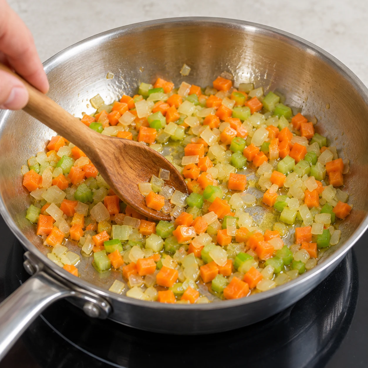 Cuillère en bois remuant ensemble petits dés orange de carotte, blancs d’oignon et verts de céleri dans poêle inox ; aucun autre ingrédient.