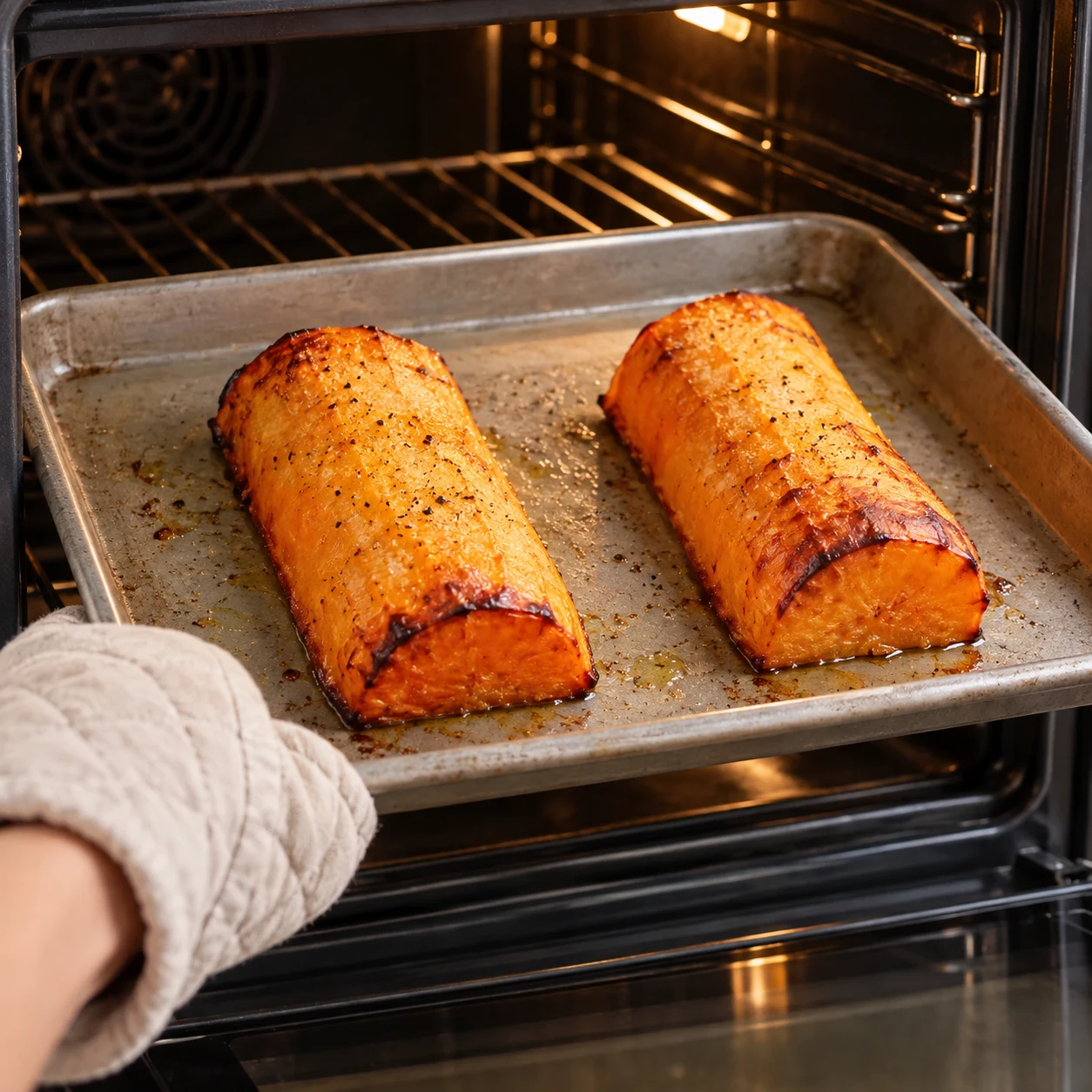 Deux morceaux de butternut rôtie à la surface légèrement dorée.