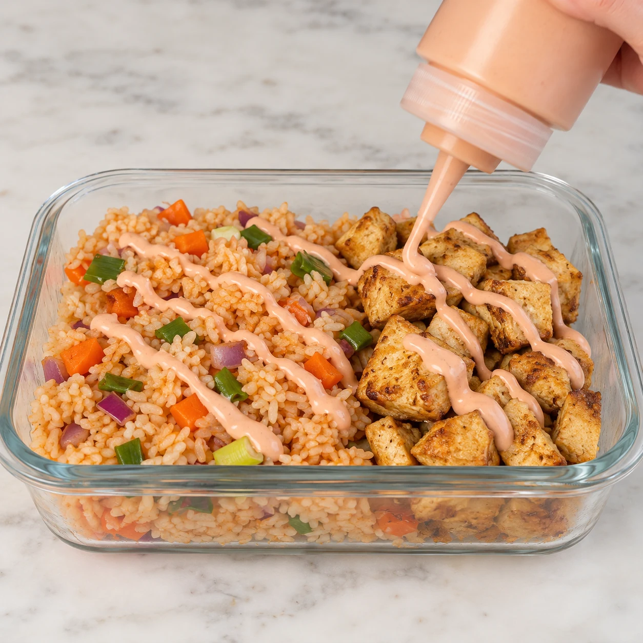 Geste de napper avec sauce rose en filets le riz aux légumes et le tofu doré ; même aspect que la capture ; pas de graines avant le dernier geste.