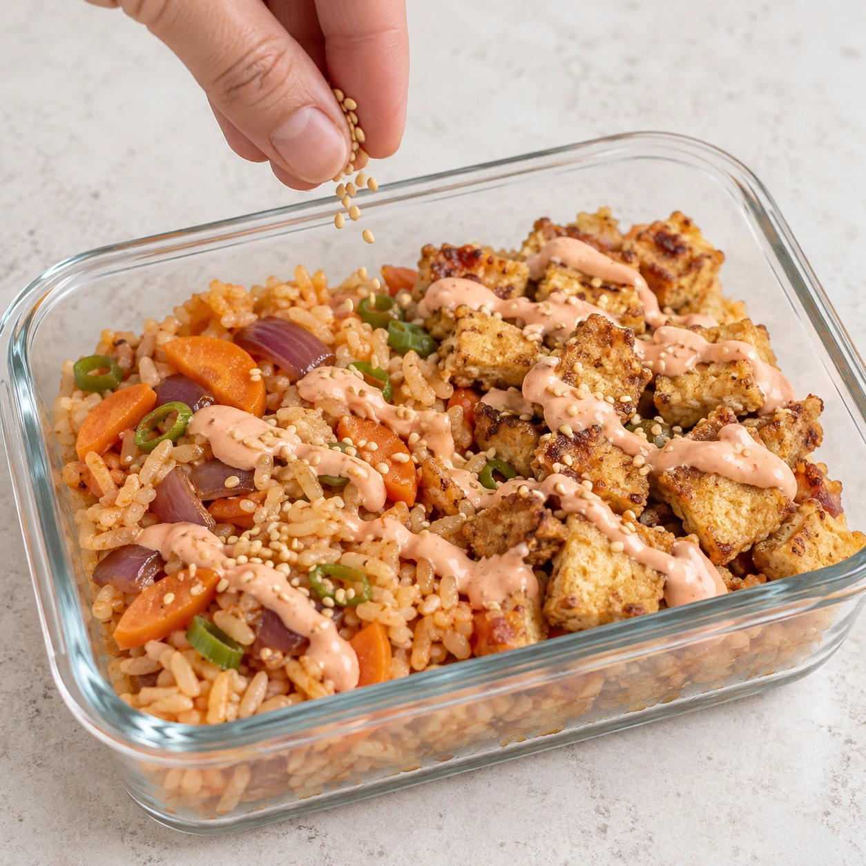 Plat terminé : riz orangé aux légumes, tofu doré irrégulier, sauce rose en zigzags et quelques graines de sésame doré. La source montre des graines noires ; appliquer seulement l’adaptation documentée en graines dorées, geste de parsemer par une main anonyme.