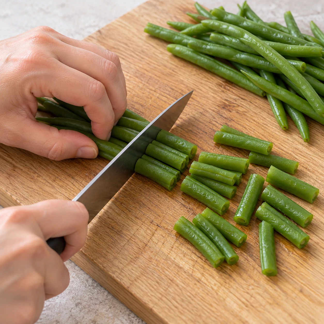 Couper les haricots verts : Coupez chaque haricot vert cuit en trois morceaux. Résultat : Les haricots sont divisés en trois tronçons.