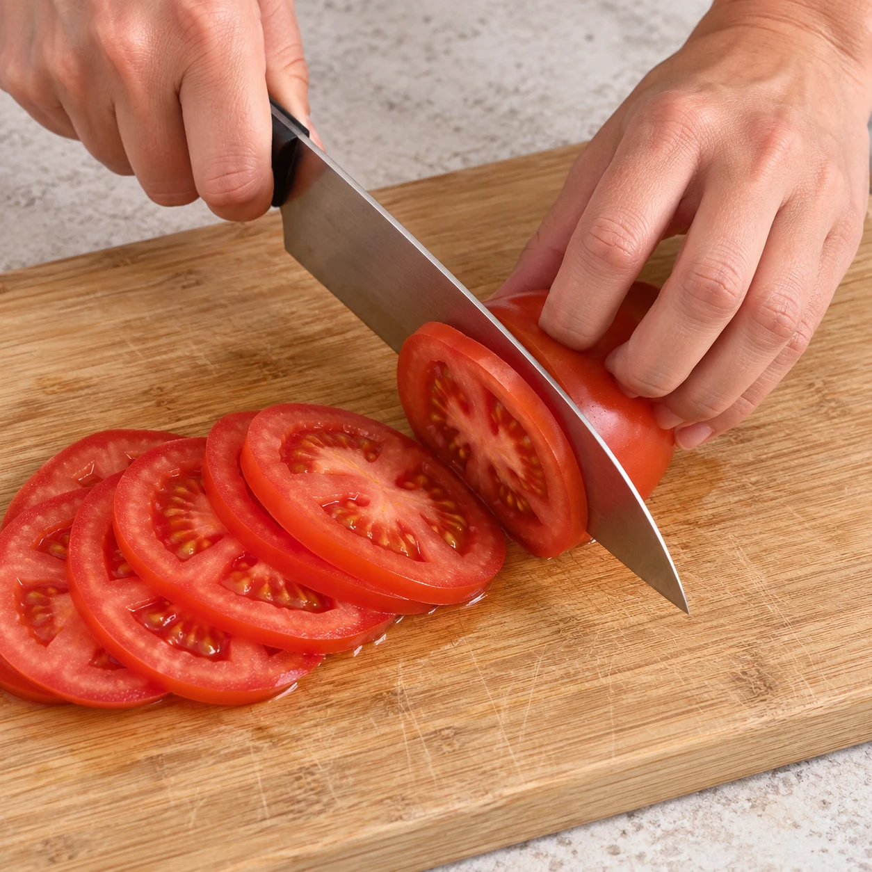 Couper la tomate : La tomate est coupée en rondelles fines.