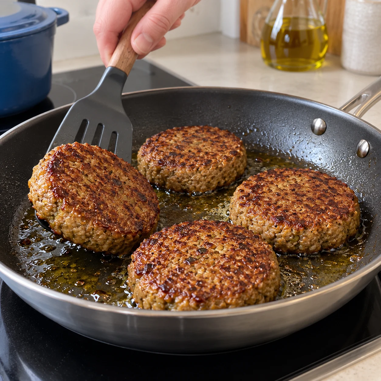 Steaks végétaux de protéines de pois entiers dorés dans une poêle avec huile d’olive ; pas de seitan, pas de légumes dans cette poêle.