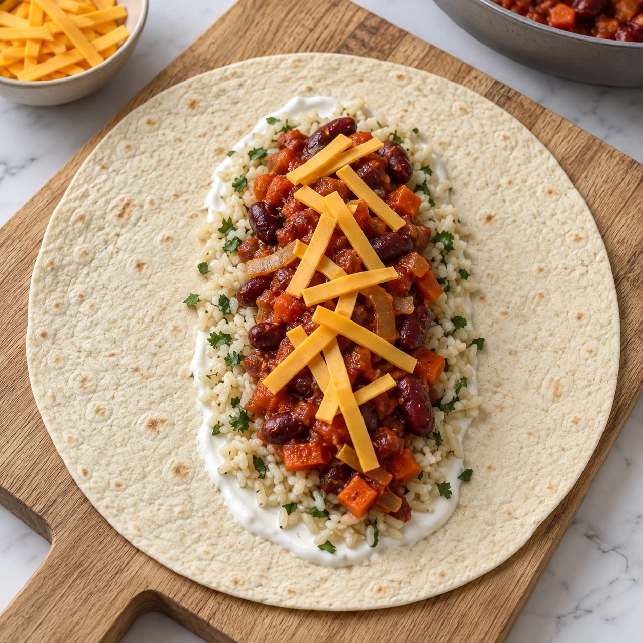 Tortilla ouverte sur planche neutre avec sauce blanche de soja, riz coriandre, chili haricots carottes et un peu de tranchettes végétales saveur cheddar découpées en fines lanières.