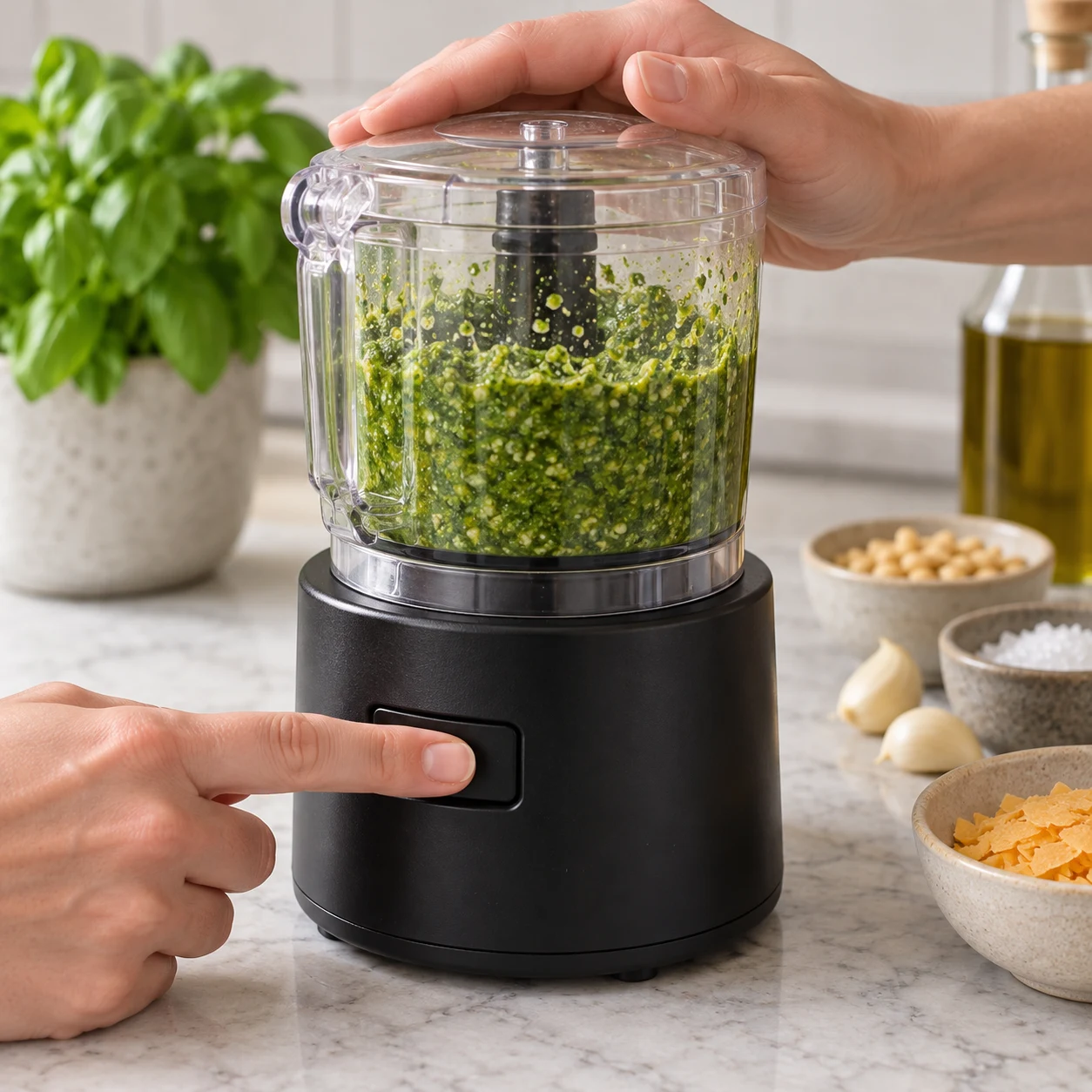 Mini-mixeur fermé contenant du pesto vert granuleux et brillant, main anonyme sur le bouton, pas de vapeur.
